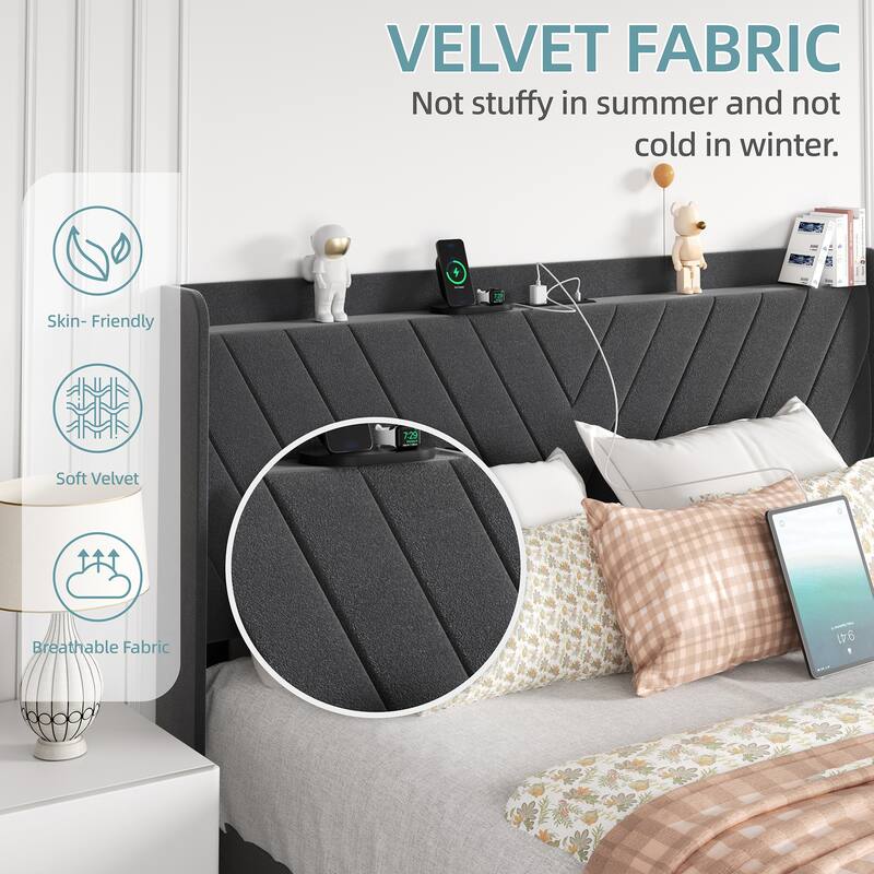 Futzca Bed Frame with Velvet Fabric Headboard