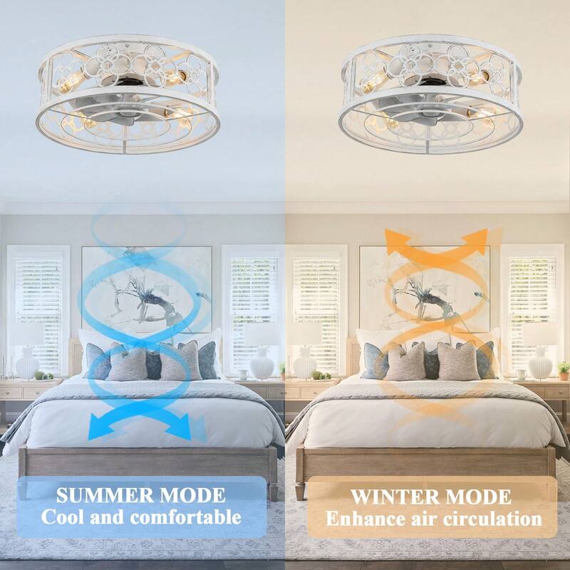 Cusp Barn 20 Inch Distressed White Ceiling Fan, Low Profile 6-Light Light Fixture, Caged Bladeless Flush Mount Fans for Bedroom