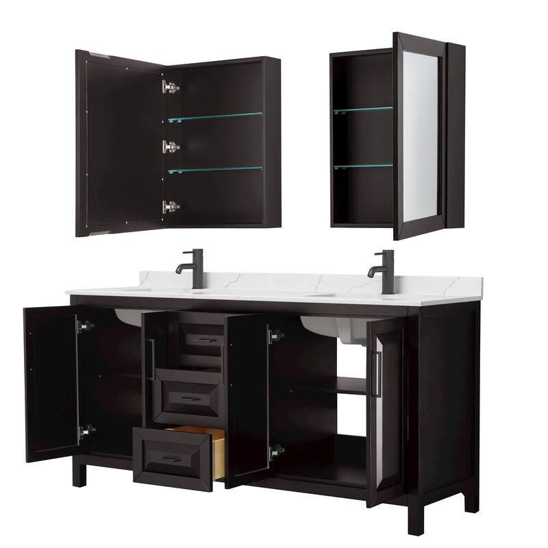 Daria 72-inch Double Vanity, Single Hole Quartz Top, Med Cabinets