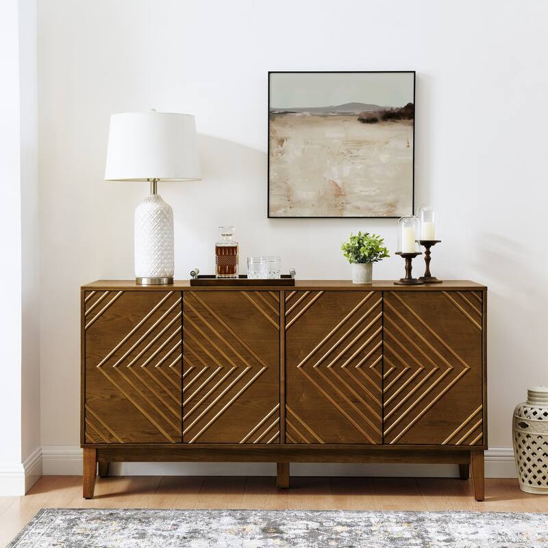 60.5" Buffet Cabinet with Storage, Farmhouse Fluted Sideboard with Geometric Pattern & Adjustable Shelves - Walnut Brown