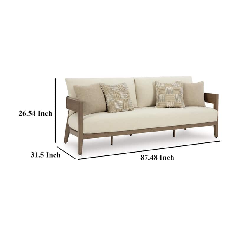 Baily Outdoor Sofa, 4 Throw Pillows, Cream White, 87 Inch Brown Metal