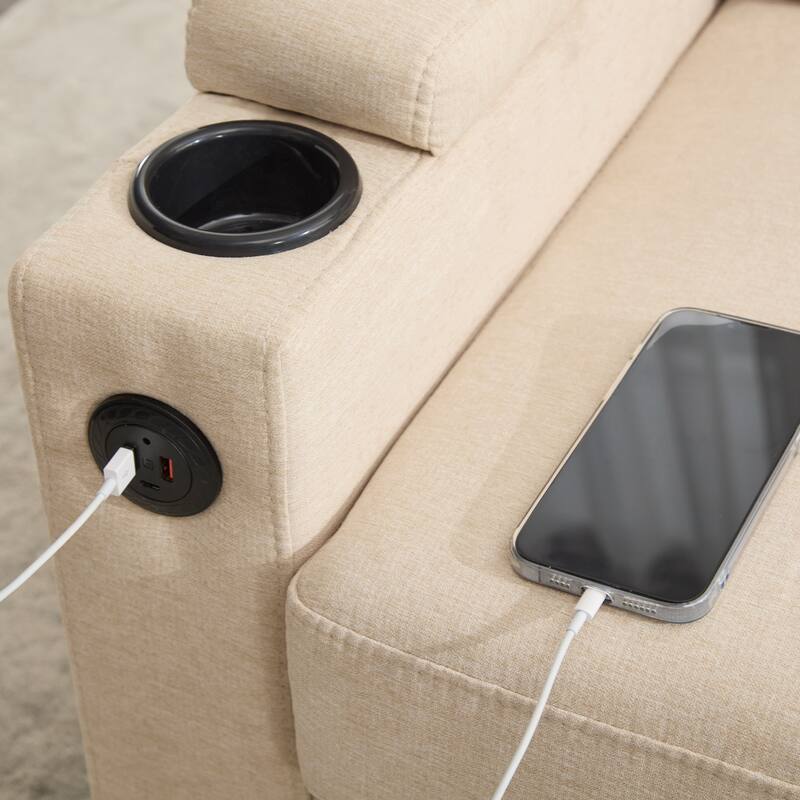 Upholstered Sectional Sofa with Storage Ottoman, USB Port, and Cup Holders