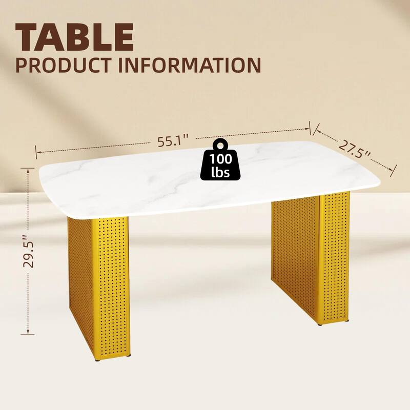 Modern Marble-Patterned Tempered Glass Dining Table, Rectangular Kitchen Table with Dual-Pedestal Metal Base