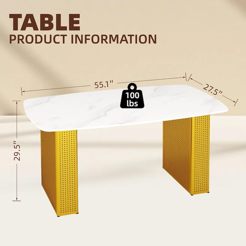 Modern Rectangular Tempered Glass Dining Table, Marble-Patterned Design with Gold Dual-Pedestal Metal Base for Dining Room