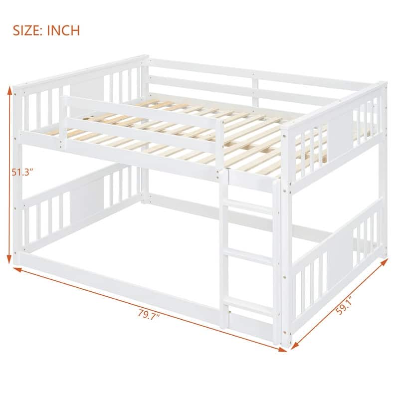 Low Bunk Beds Full Over Full Wood Bunk Bed Frame Floor Bunkbed for Kids Toddlers Boys Girls Teens' Bedroom Dorm
