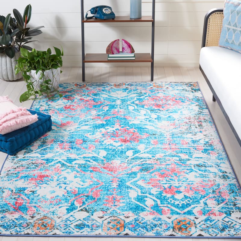 SAFAVIEH Paint Brush Machine Washable Slip Resistant Elvezia Rug - 9' x 12' - Light Blue/Pink