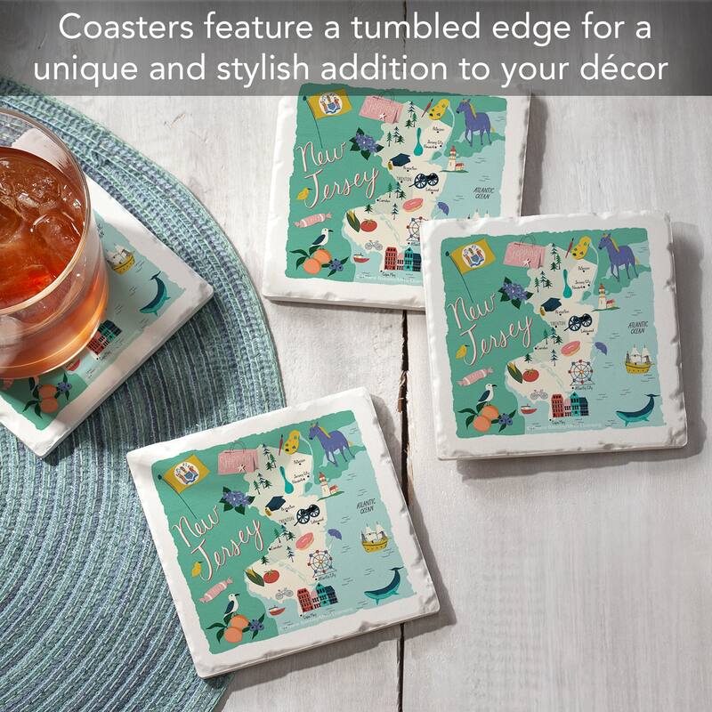 New Jersey Home 4-Pack Absorbent Stone Coasters with Protective Cork Backing 4" Square Made in The USA Easily Wipes Clean