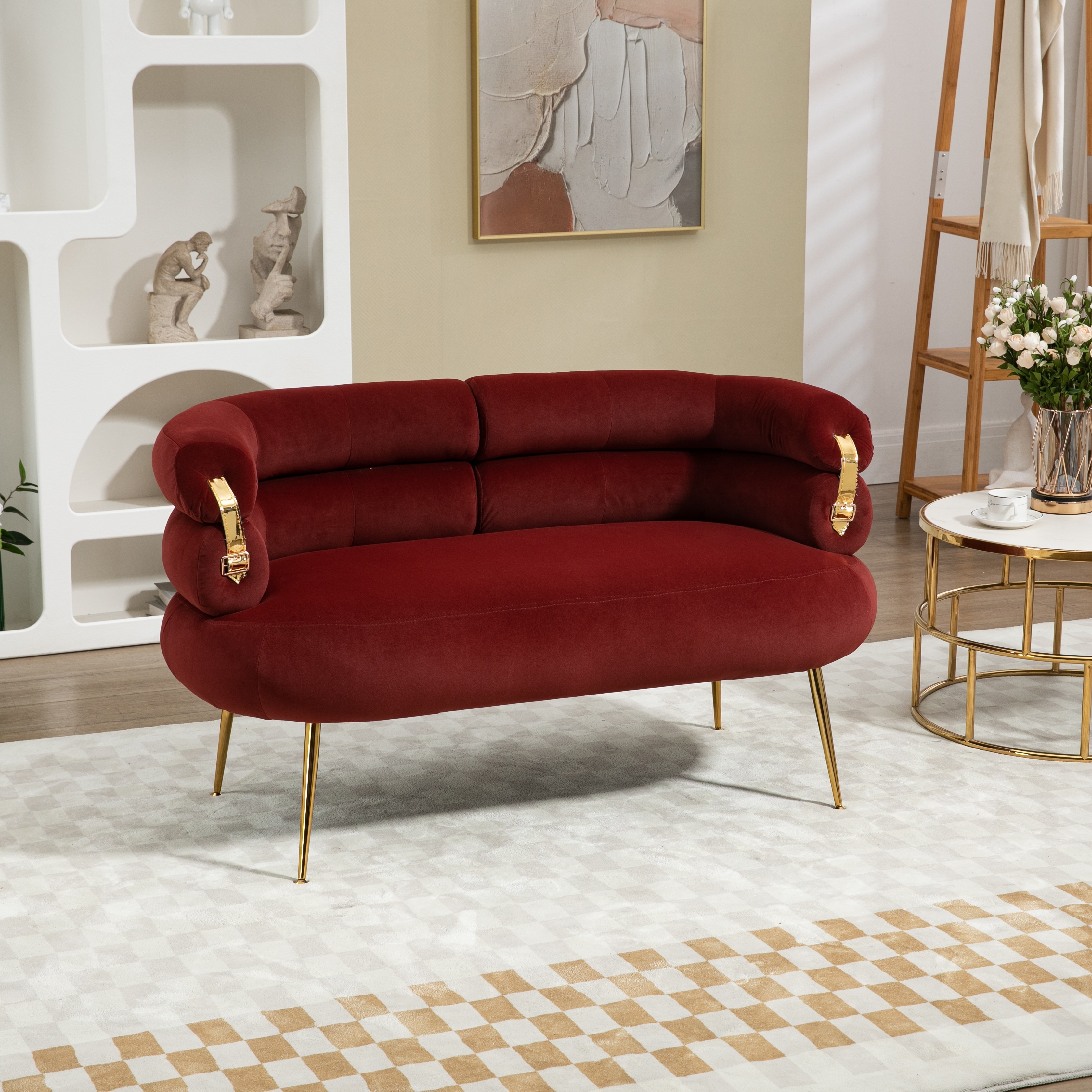 Wine Red Velvet Arm Chair Tufted Accent Chair Metal Frame Lounge