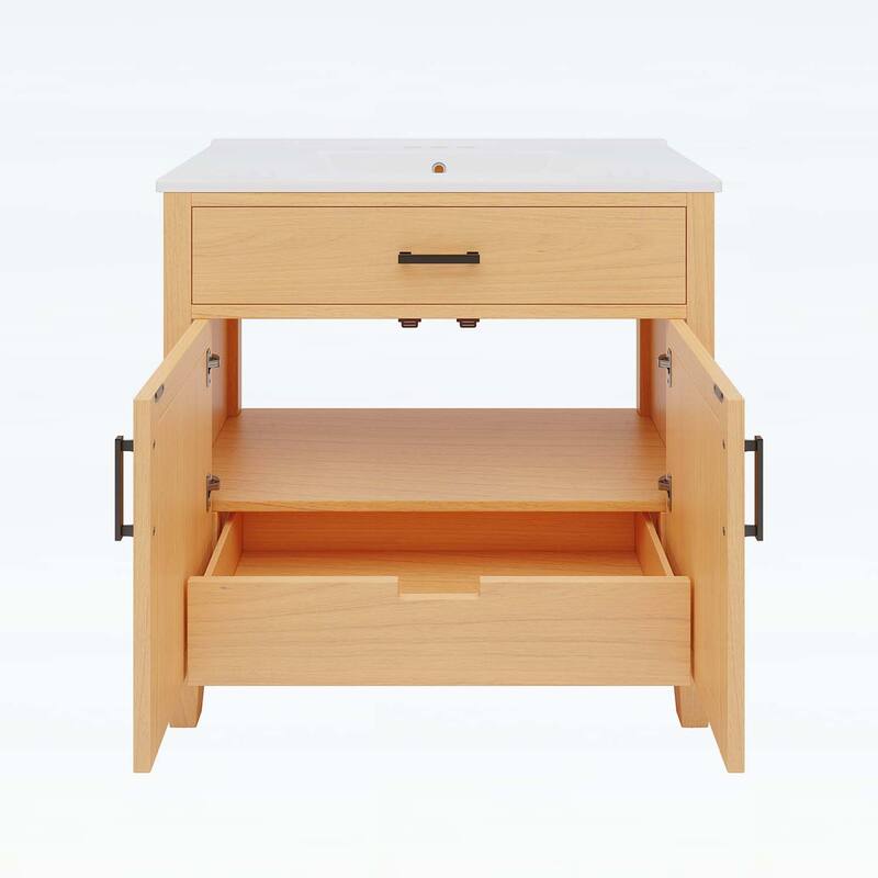 36 Inch Rattan Bathroom Vanity with Ceramic Sink,Modern Design with 2 Soft Close Doors and 3 Drawers