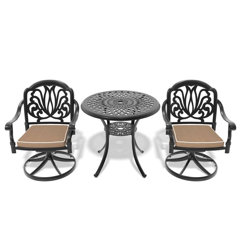 3-Piece Patio Furniture Dining Set, Outdoor All-Weather Cast Aluminum Furniture Set, Round Table with Umbrella Hole