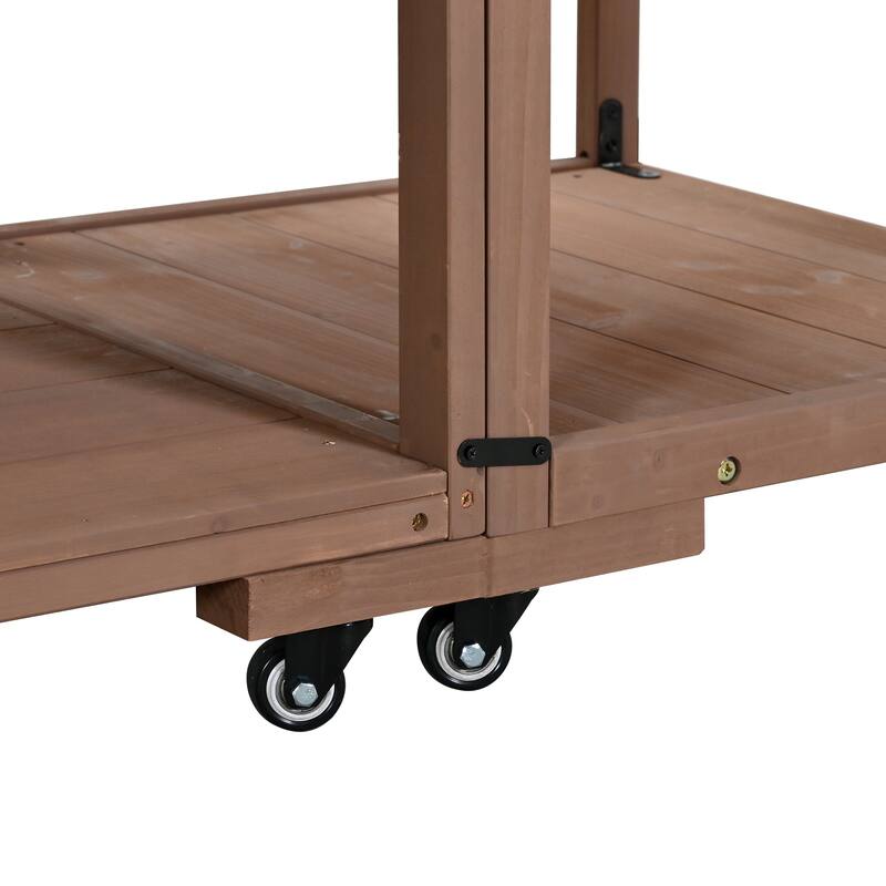 Solid Wood 62.3'' Patio Kitchen Island Kitchen Cart with Stainless Table Top, Garden Potting Bench with Raised Shelf and Drawers