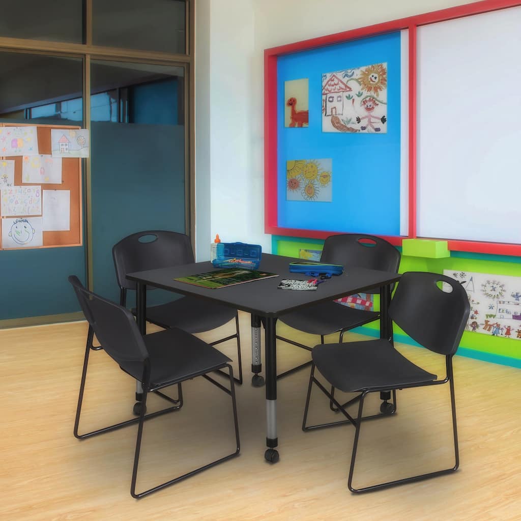 48 in. Square Height Adjustable Mobile Classroom Table - Grey & 4 Stack Chairs- Black