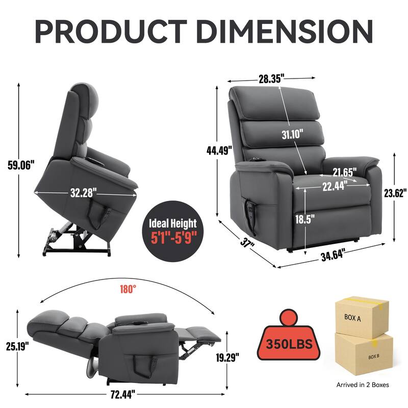 Roomfitters Dual Motor Power Lift Recliner, Infinite Position Massage Chair with 180-Degree Flat Recline, Leatheraire