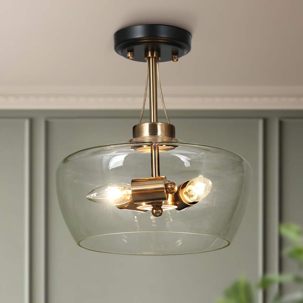 Zelena Modern Farmhouse 3-Light Black Gold Bowl Glass Semi-Flush Mount Kitchen Ceiling Light