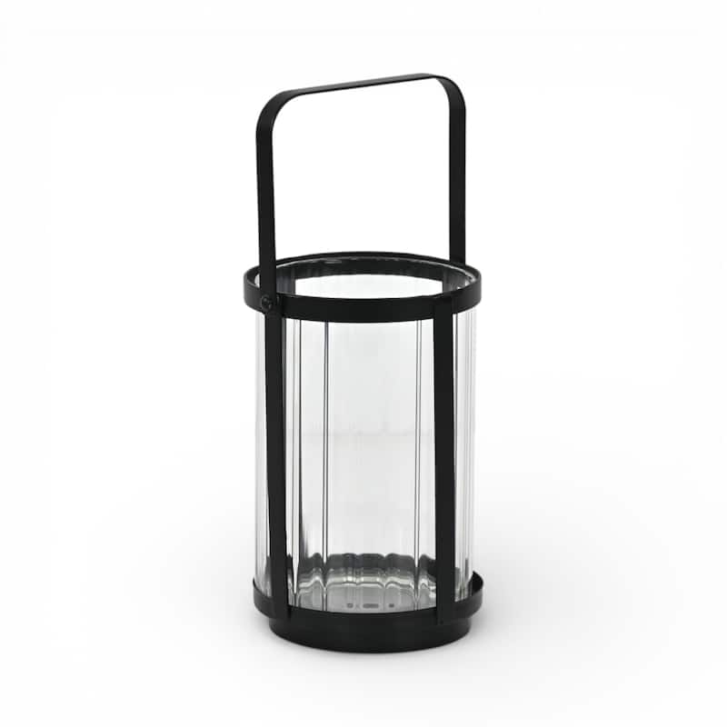Vortial Fluted Glass Candle Lantern with Black Metal Frame