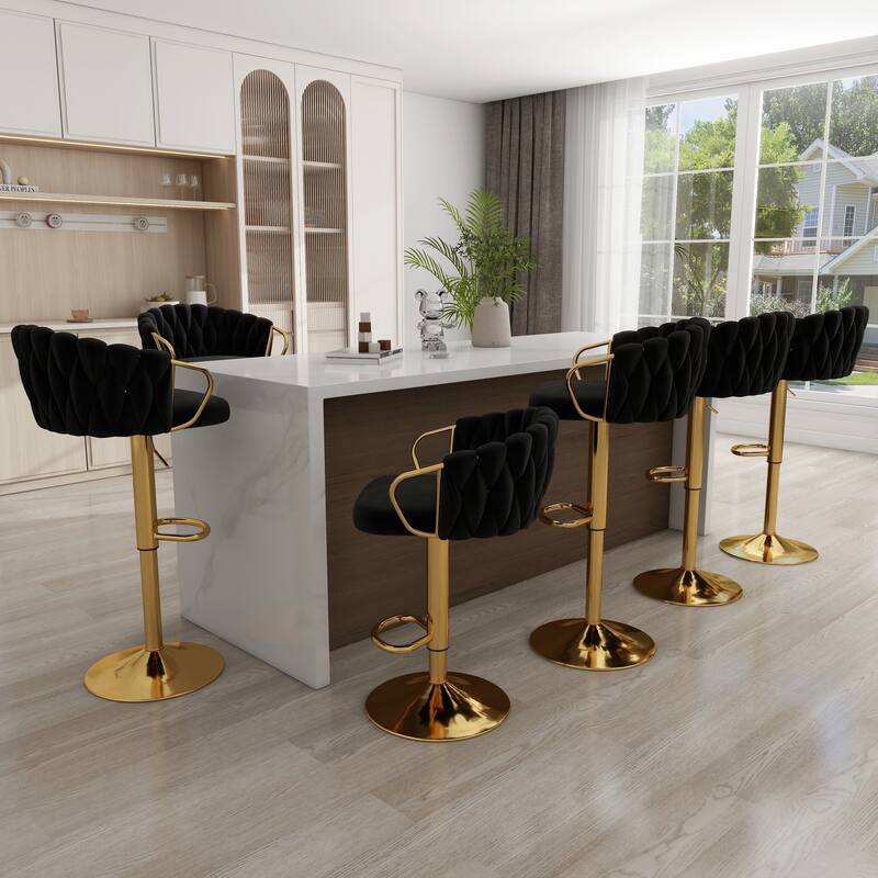 Set of 4 Bar Stool Adjustable Height Swivel Velvet Woven - Black - Set of 6
