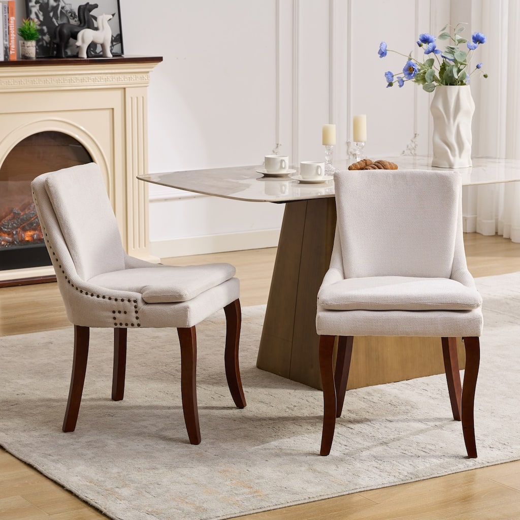 Roomfitters Modern Chenille Dining Chairs Set of 2, Double-Layer Cushioned Upholstered Accent Chairs with Curved Wood Legs
