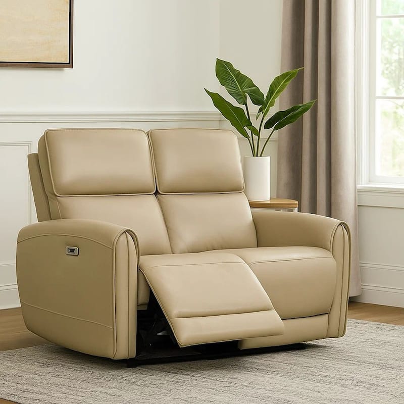 Sily Power Reclining Loveseat, Beige Faux Leather, 57 Inch, USB Ports