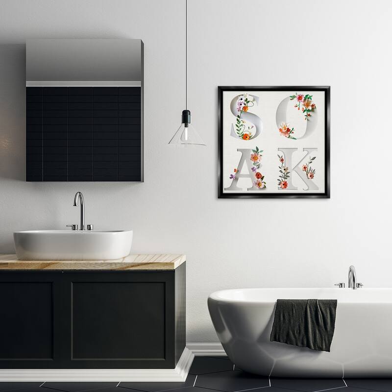 Stupell Floral Bathroom Soak Letters Framed Floater Canvas Wall Art Design By Susan Arnot