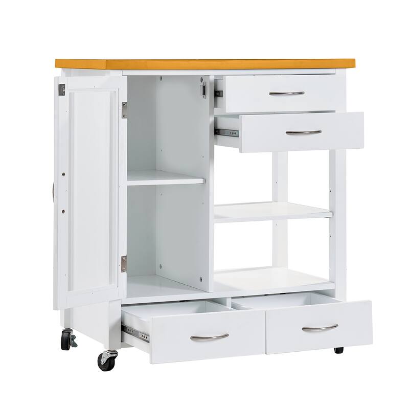 Anmytek Multifunctional Rolling Kitchen Island Cart Walnut Wood Top Storage Cabinet with Drawers Towel Bar White