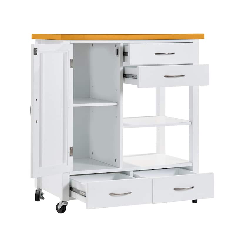 Rolling Storage Kitchen Island Cart on Wheels with Drawers and Towel Bar - White
