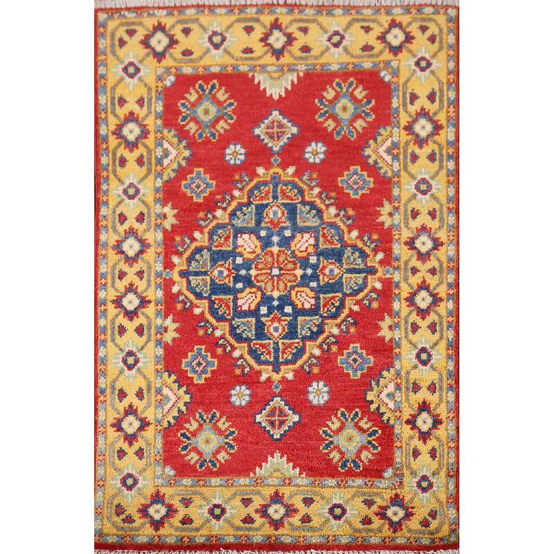 Geometric Red Kazak Oriental Accent Rug Hand-Knotted Wool Carpet - 2'0" x 3'0"