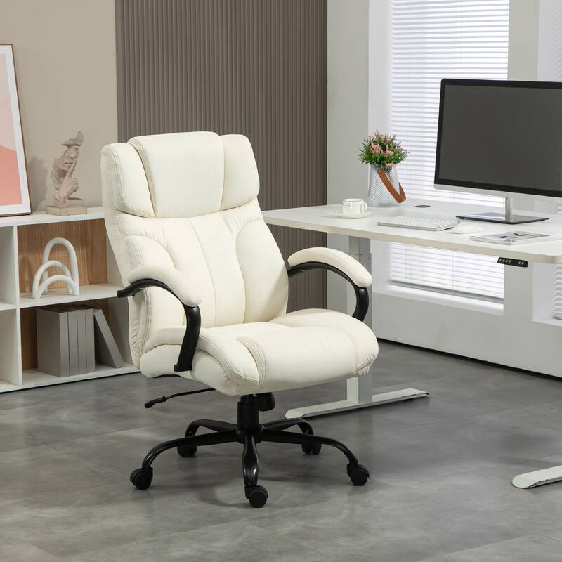 Adjustable Height Upholstered Chair Computer Chair, Executive Chair Office Chair Visitor Chair with Wheels - Cream White
