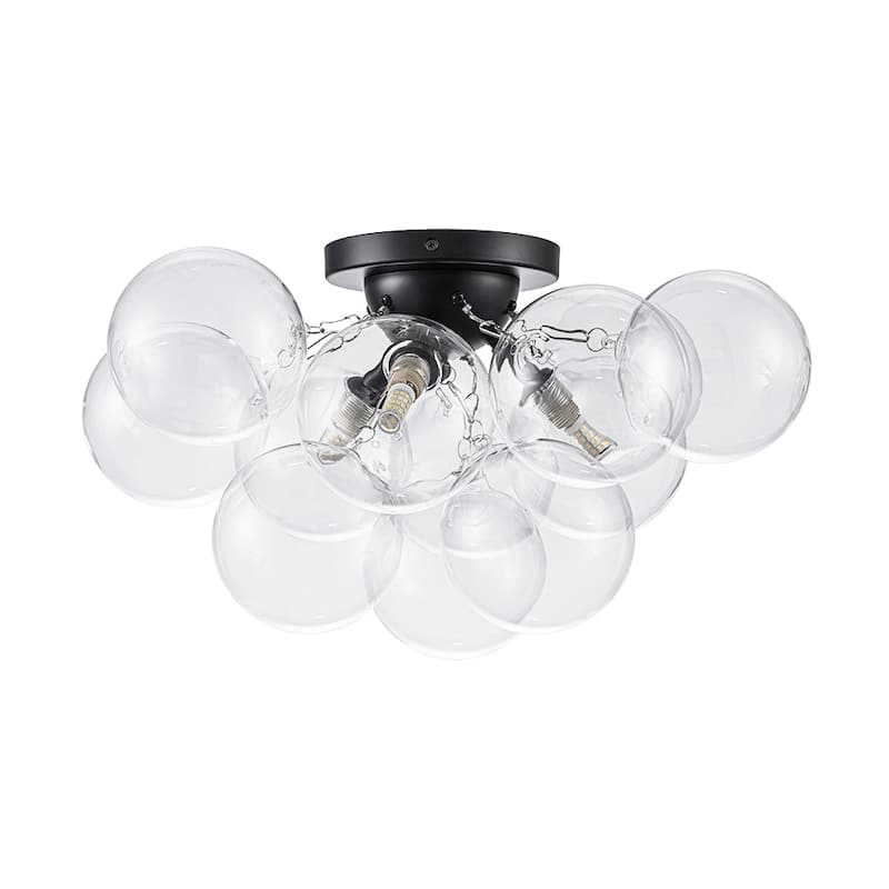 3-Light Clear Glass Globe Bubble Semi Flush Chandelier - Brass 18in