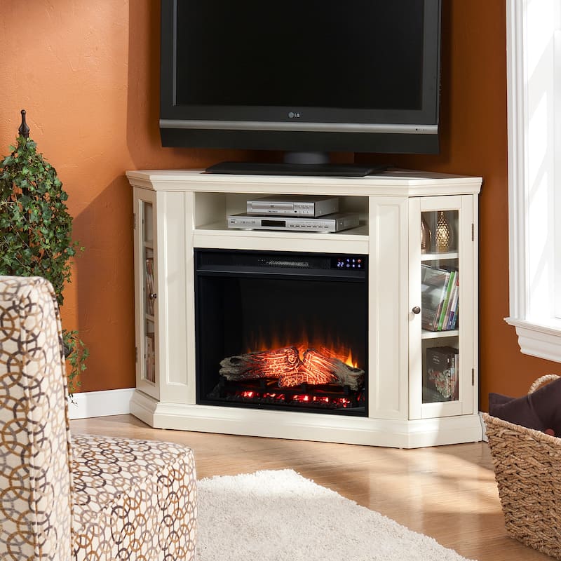 SEI Furniture Lougheed Ivory Media Console Fireplace - Mirrored Reflector Firebox