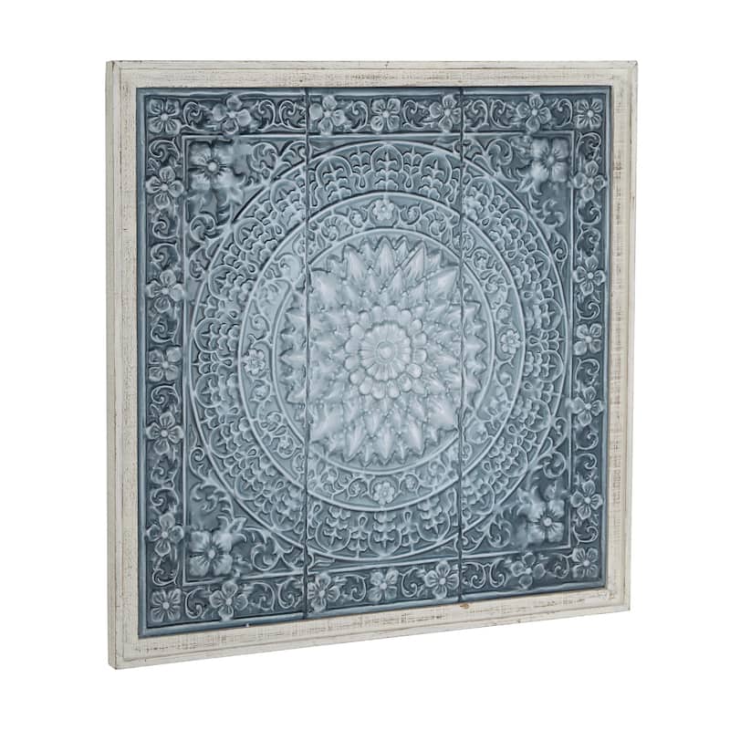 Metal Floral Embossed Mandala Scroll Home Wall Decor with White Wood Frame - Blue or Brown - Roche River Decor