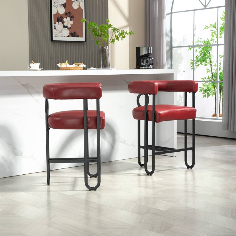 Bar Stools Set of 2, Upholstered Counter Height Stools with Back, Kitchen Island Chairs with Footrest and Metal Frame