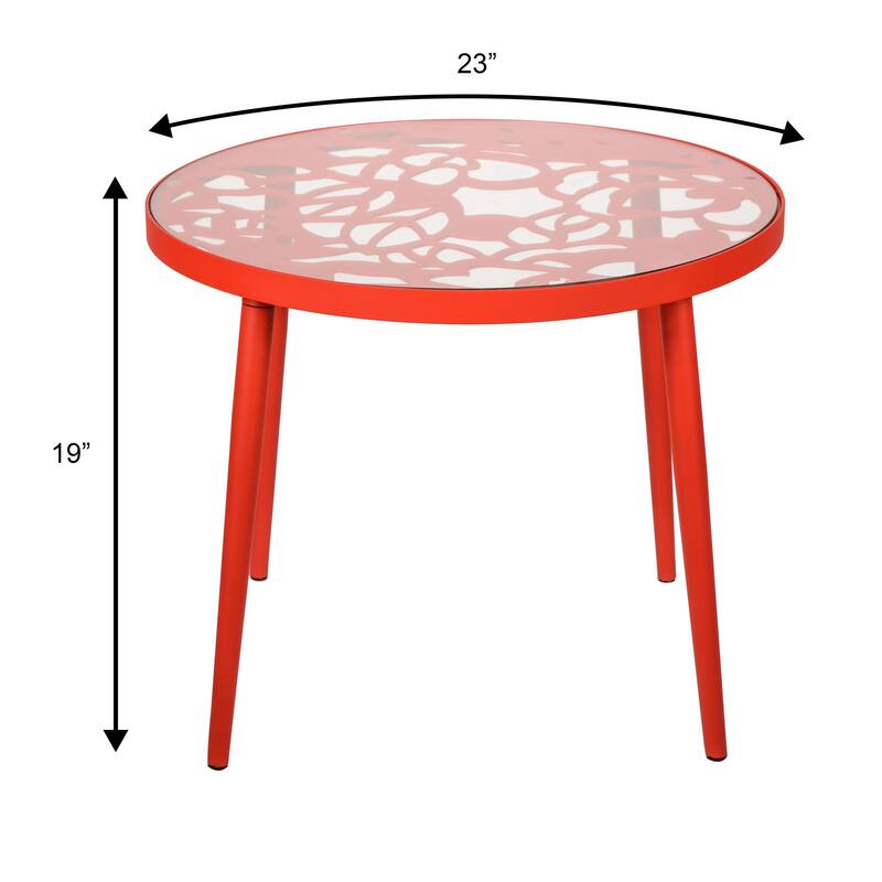 Devon Decorative Modern Floral Cutout Glass Top Patio Coffee Side Table with Aluminum Frame for Indoor Outdoor - 23 x 23