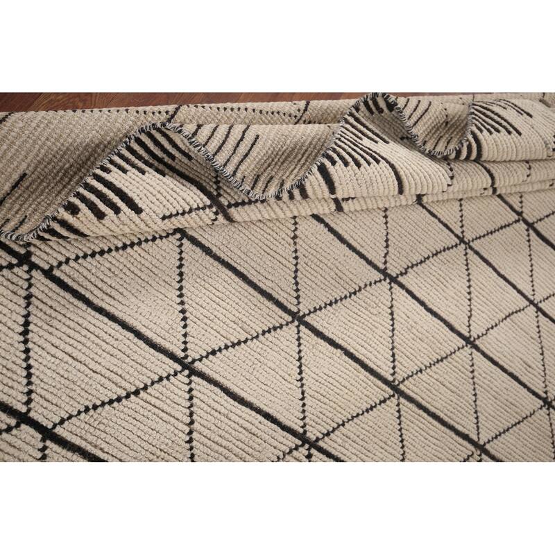 Trellis Moroccan Area Rug Hand-Knotted Oriental Beige Wool Carpet - 6'11"x 10'3"