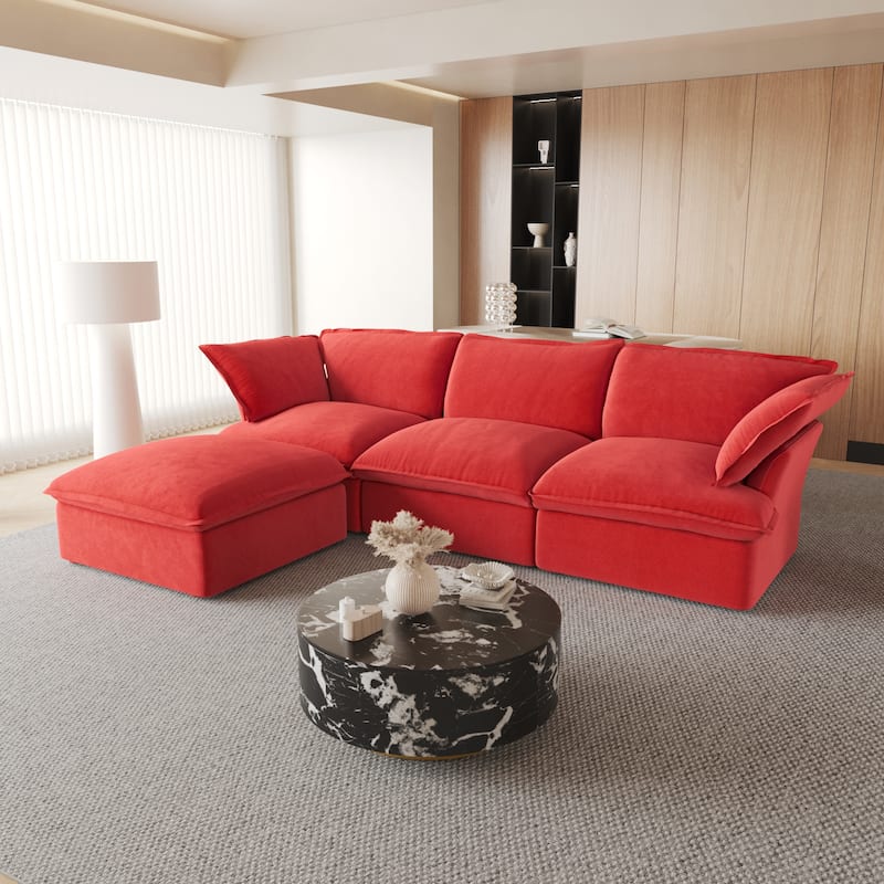 Large Velvet Upholstered Sectional Sofa 122'' L-shape Modular Couch with Ottoman