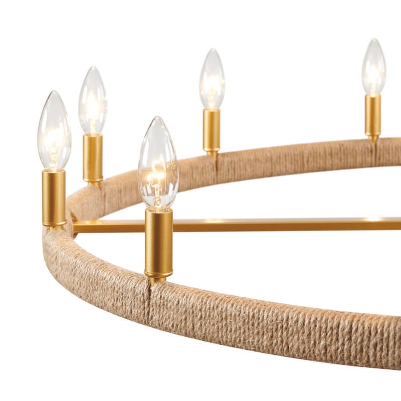 KAWOTI 12-Light Rustic Wagon Wheel Chandelier with Jute Wrap - W36.5" x H46.4"
