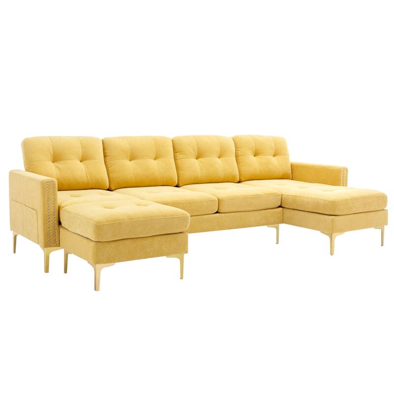 110" L-Shape Convertible Sofa with Ottoman, Yellow Velvet