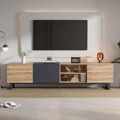 Natural Wood TV Stand Entertainment Center Fits TV's up to 70 to 79 in with Open Shelves - 70.86" x 15.35"