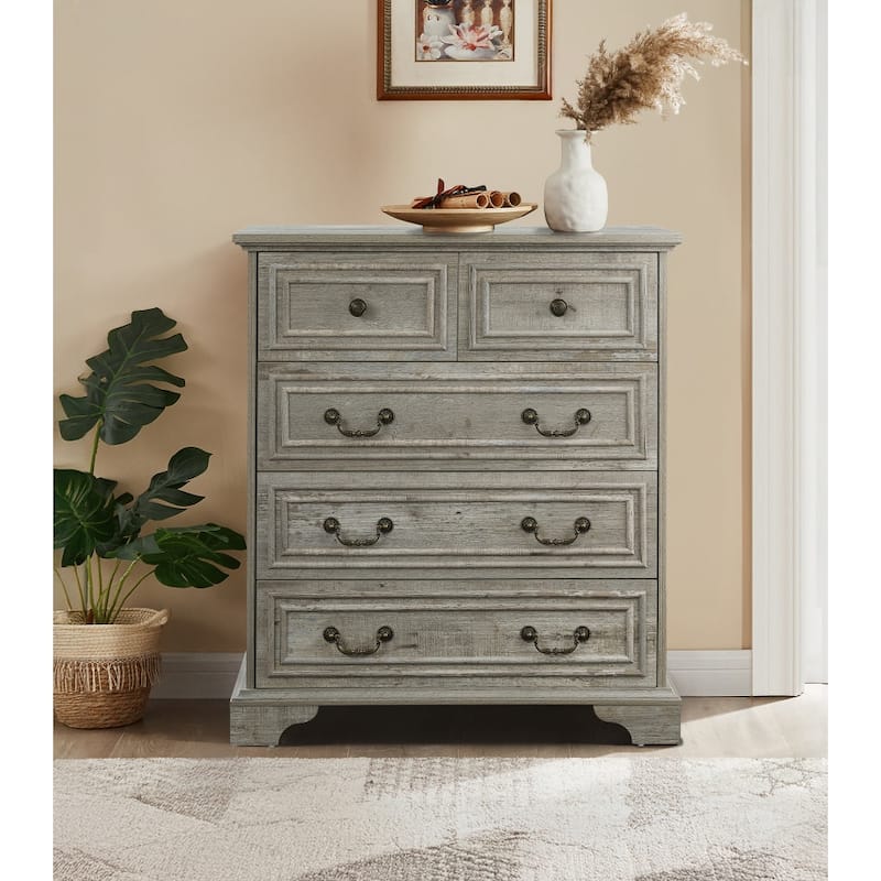 Rustic Wide 5 Drawer Dresser with Natural Texture - Ancient Oak - 5-drawer