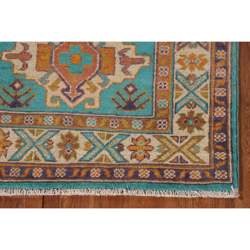 Turquoise Blue Kazak Oriental Accent Rug Hand-Knotted Wool Carpet - 2'8"x 3'10"