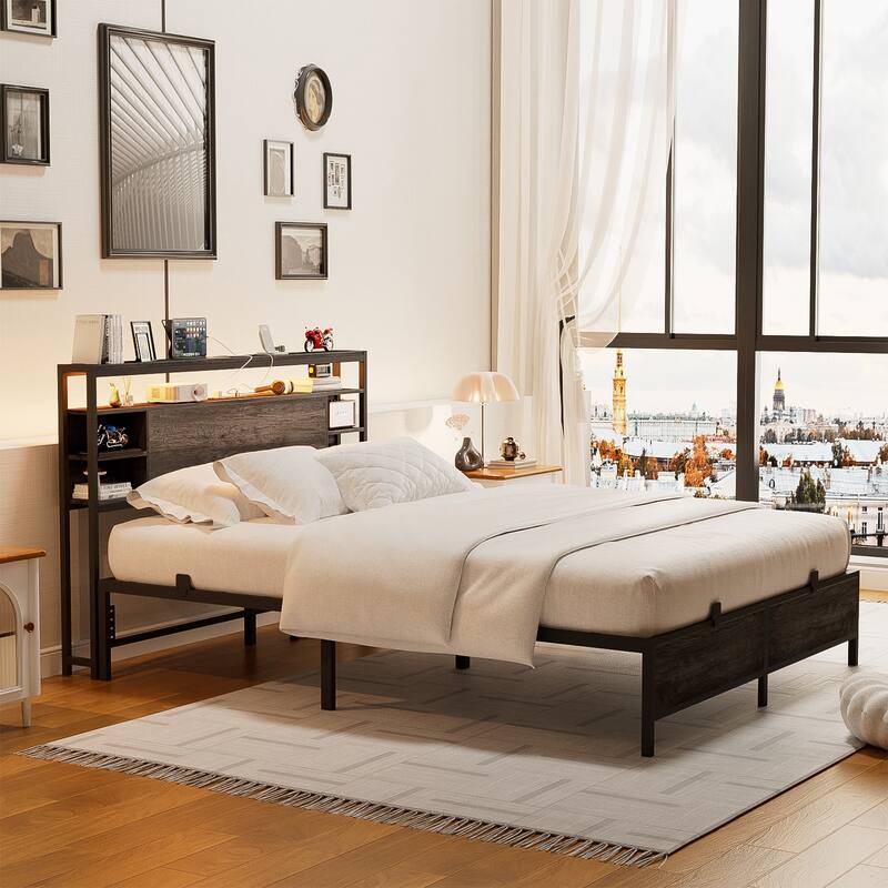 Bed Frame with Charging Station and RGB LED Lights, Sturdy Platform Bed with Storage Headboard,