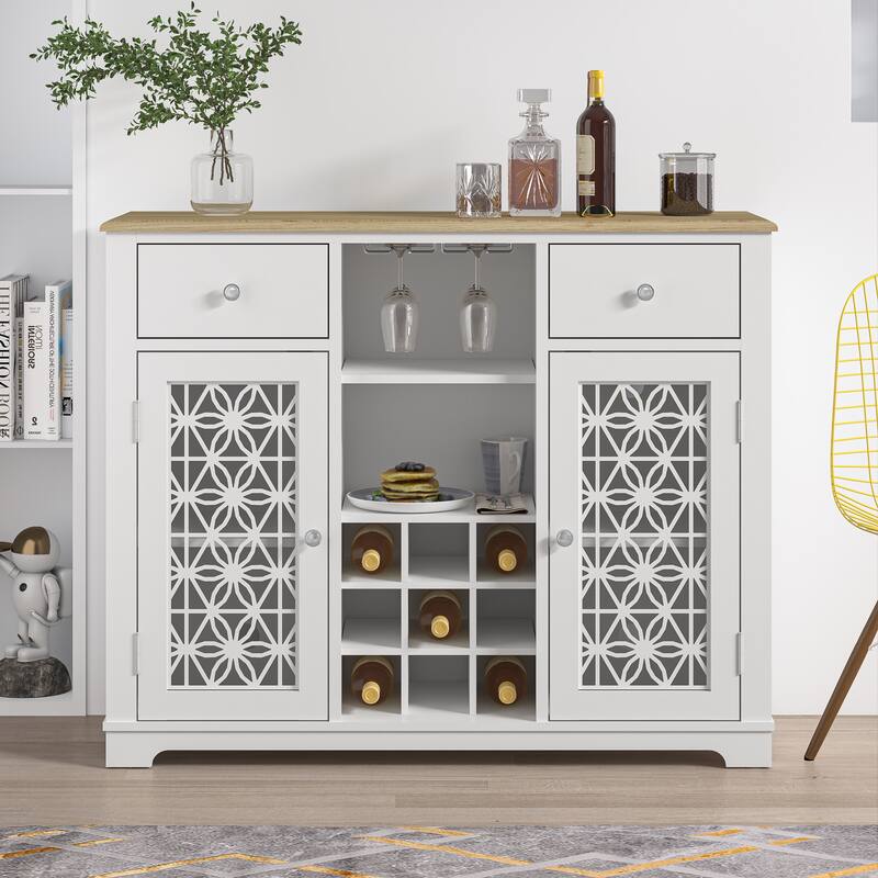 47" Stylish Wine Cabinet with Metal Wine Glass Rack - 47" in Width - White