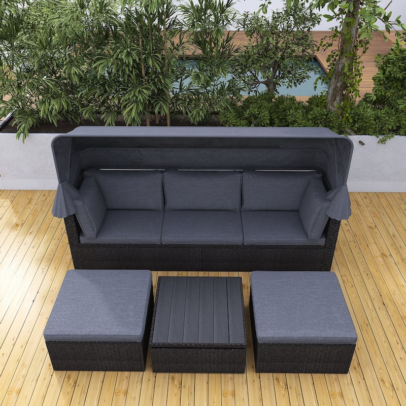 4-Piece Outdoor Wicker Sectional Patio Daybed with Canopy and Ottoman
