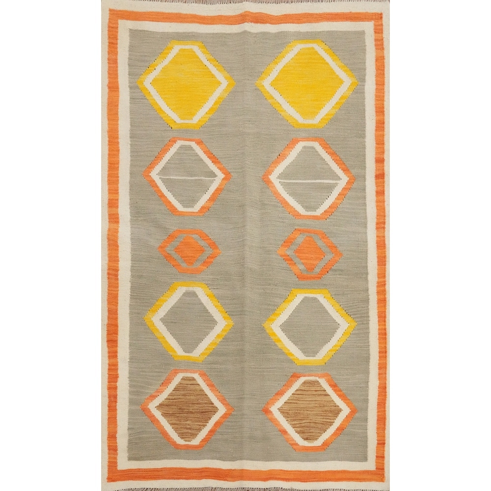 Hand Woven Oriental 100% Wool Carpet Southwestern Modern Greys & Charcoal Kilim Area Rug - 5' 10'' X 3' 10''