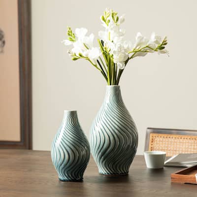 Glitzhome Modern Spiraling Artistry Turquoise Ceramic Table Vases(Set of 2 )