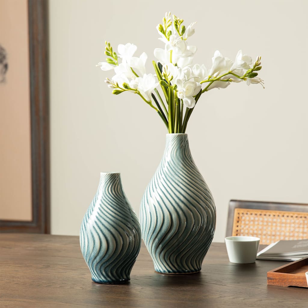 Glitzhome Modern Spiraling Artistry Turquoise Ceramic Table Vases(Set of 2 )