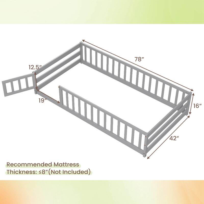 Costway Twin Size Floor Bed with Door & Fence with Safety Guardrails &