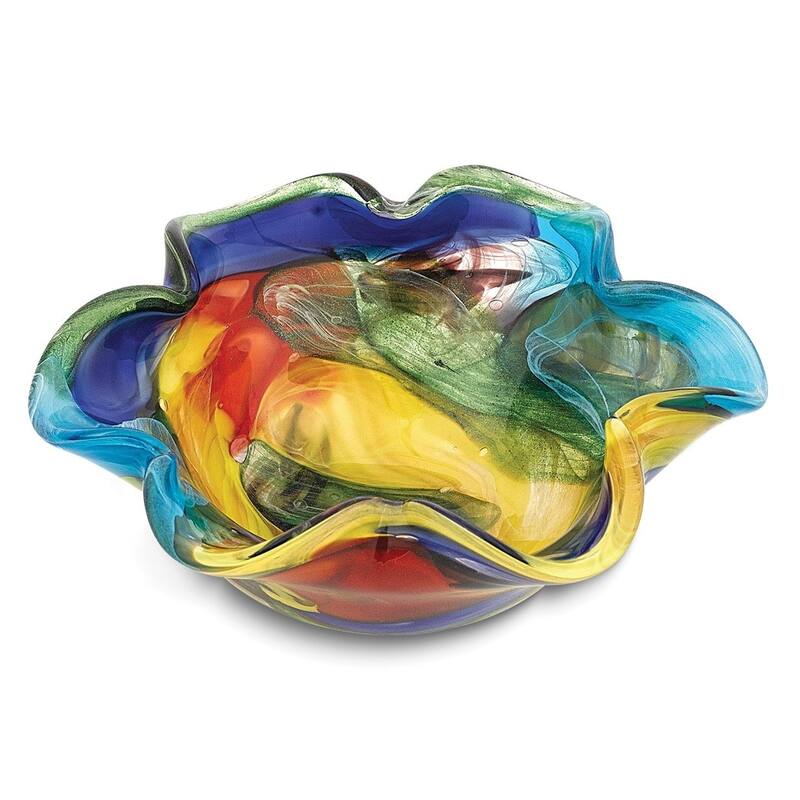 Curata Stormy Rainbow Handcrafted Murano Style Glass Wavy Bowl
