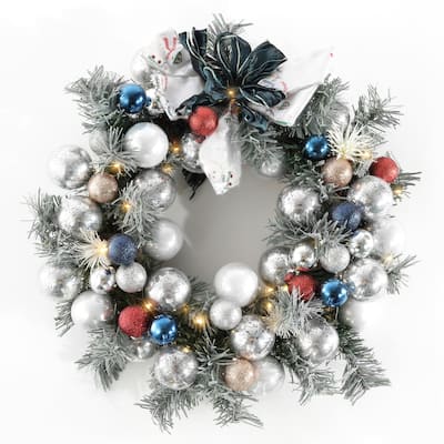 SAFAVIEH Faux 20 Inch Pine Led Wreath W/ Ornaments - Multi - 20" W x 20" D x 4" H