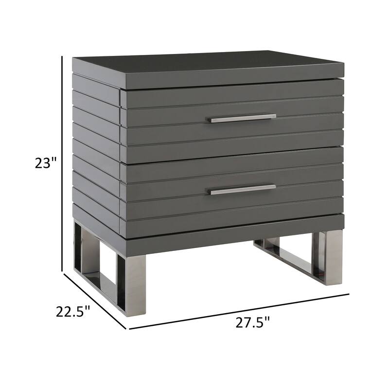 28 Inch Nightstand, 2 Drawers with Metal Handles, Slatted Design, Gray