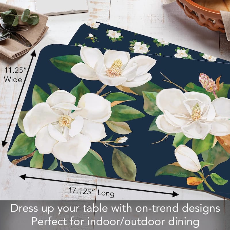 Magnolia in Bloom 4 Pack Reversible Easy Care Flexible Plastic Placemats Made in The USA BPA Free Easily Wipes Clean